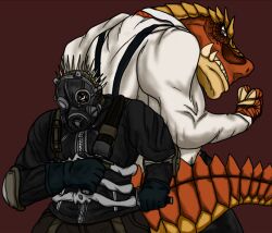 Rule 34 | 2boys, alex rex, angry, caiman (dorohedoro), crossover, dinosaur, dorohedoro, gas mask, keyman: the hand of judgement, mask, multiple boys, reptile, simple background, weapon
