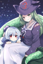 Rule 34 | 2girls, abe no kiyohime, blue hair, capelet, green eyes, green hair, hat, highres, japanese clothes, kariginu, long hair, long skirt, multiple girls, open mouth, ougi hina, red eyes, riverbed soul saver, ruri (riverbed soul saver), skirt, smile, snake tail, tail, witch hat