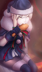 Rule 34 | 1girl, artoria pendragon (all), artoria pendragon (fate), bad id, bad pixiv id, black footwear, black gloves, black pantyhose, blonde hair, boots, bow, bowtie, chicken (food), eating, fate/grand order, fate/stay night, fate (series), food, fur-trimmed boots, fur boots, fur trim, gloves, hat, klon, looking at viewer, pantyhose, saber (fate), saber alter, santa alter, santa costume, santa hat, solo, thigh boots, thighhighs, yellow eyes