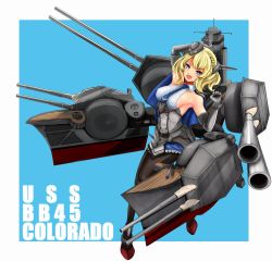 Rule 34 | 1girl, black gloves, black pantyhose, blonde hair, blue background, blue eyes, blue necktie, border, braid, breasts, capelet, character name, colorado (kancolle), commentary request, dress, elbow gloves, garrison cap, gloves, grey dress, grey gloves, grey hat, hat, headgear, highres, kantai collection, lattice mast, machinery, necktie, pantyhose, pleated dress, r31harutan, rudder footwear, shirt, short hair, side braids, sideboob, sleeveless, smokestack, solo, turret, white border, white shirt