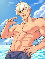 Rule 34 | 1boy, abs, absurdres, black male swimwear, blue eyes, blue male swimwear, blue swim trunks, cloud, day, fate/grand order, fate (series), hand on own hip, highres, large pectorals, male focus, male swimwear, muscular, muscular male, navel, nipples, open mouth, outdoors, pectorals, percival (fate), short hair, sky, solo, swim trunks, topless male, water, white hair, yaekaidou
