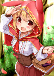 Rule 34 | 1girl, :d, alternate costume, blonde hair, blush, bottle, bread, capelet, chiroshiron, cosplay, cowboy shot, day, fang, food, forest, grass, hair ribbon, highres, hood, little red riding hood, little red riding hood (grimm), little red riding hood (grimm) (cosplay), long sleeves, nature, open mouth, outdoors, petals, picnic basket, pleated skirt, red eyes, red skirt, ribbon, rumia, shading eyes, short hair, skirt, smile, solo, touhou, underbust, wine bottle