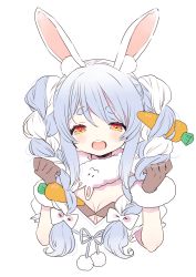 Rule 34 | 1girl, absurdres, animal ear fluff, animal ears, black gloves, blue hair, blush, bow, braid, breasts, carrot hair ornament, cleavage, clenched hands, detached sleeves, food-themed hair ornament, fur collar, gloves, hair bow, hair ornament, hands up, highres, hololive, long hair, looking at viewer, maitou, multicolored hair, open mouth, puffy detached sleeves, puffy sleeves, rabbit ears, rabbit girl, red eyes, simple background, smile, solo, thick eyebrows, twin braids, two-tone hair, upper body, usada pekora, usada pekora (1st costume), virtual youtuber, white background, white bow, white hair