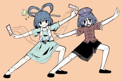 Rule 34 | 2girls, absurdres, bad id, bad pixiv id, between fingers, black hair, black skirt, blue dress, blue hair, blunt bangs, cabbie hat, closed mouth, dress, dual wielding, flat chest, flower, full body, hagoromo, hair ornament, hair rings, hair stick, hat, hat ornament, highres, holding, holding paper, jiangshi, kaku seiga, looking at viewer, miyako yoshika, multiple girls, ofuda, ofuda between fingers, open mouth, outstretched arms, paper, pink background, puffy short sleeves, puffy sleeves, purple headwear, red shirt, see-through, sharp teeth, shawl, shirt, short hair, short sleeves, simple background, skirt, smile, star (symbol), star hat ornament, taiga (taiga1125), teeth, touhou, v-shaped eyebrows, vest, white vest