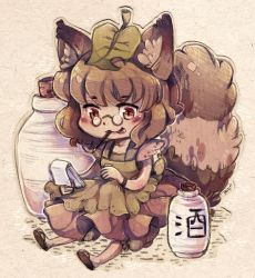 Rule 34 | 1girl, alcohol, animal ears, apron, brown hair, chibi, female focus, futatsuiwa mamizou, glasses, gourd, leaf, leaf on head, mi-eau, mouth hold, notepad, object on head, pencil, pince-nez, raccoon ears, raccoon tail, red eyes, sake, sitting, slit pupils, tail, tongue, tongue out, touhou
