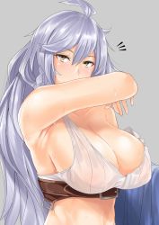 Rule 34 | 10s, 1girl, ahoge, armpits, bare arms, bare shoulders, belt, blush, bra, braid, breasts, cleavage, covering own mouth, gachou, granblue fantasy, hair between eyes, large breasts, long hair, looking at viewer, silva (granblue fantasy), silver hair, solo, sweat, underwear, upper body, very long hair, white bra, yellow eyes