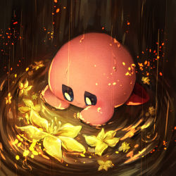 Rule 34 | bad id, bad pixiv id, flower, gradient background, kirby, kirby (series), lily (flower), lying on water, nintendo, no humans, rain, ripples, smile, solo, wet, yellow flower, yukkyon kyon