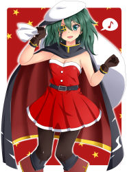 Rule 34 | 1girl, bad id, bad pixiv id, belt, black belt, black cape, black pantyhose, blush, breasts, brown gloves, cape, christmas, cleavage, dress, eyepatch, gloves, green eyes, green hair, hair between eyes, hat, highres, holding, holding sack, kantai collection, kiso (kancolle), kiso kai ni (kancolle), long hair, medium breasts, musical note, open mouth, pantyhose, red background, red dress, sack, santa costume, sebunsu, simple background, sleeveless, sleeveless dress, solo, speech bubble, spoken musical note, star (symbol), white hat