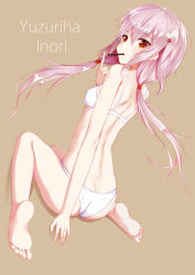 Rule 34 | 10s, 1girl, ass, back, barefoot, blush, breasts, butt crack, dutch angle, eating, feet, flan (artist), flan (seeyouflan), food in mouth, guilty crown, hair ornament, hairclip, highres, long hair, looking at viewer, looking back, navel, open mouth, orange eyes, pink eyes, pink hair, pocky, red eyes, sitting, small breasts, soles, solo, toes, twintails, underwear, wariza, yuzuriha inori