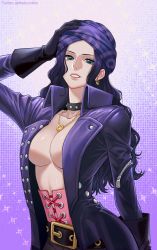 Rule 34 | 1girl, absurdres, black gloves, black hair, breasts, choker, cleavage, commentary, earrings, eyelashes, gloves, gold earrings, gold necklace, gradient background, green eyes, happy, highres, jacket, jewelry, large breasts, long hair, looking at viewer, mrs.custard, necklace, nico robin, one piece, one piece film: red, purple background, purple jacket, smile, solo, standing, twitter username, wavy hair