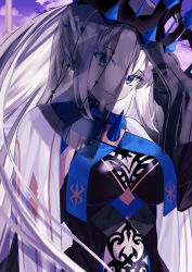Rule 34 | 1girl, absurdres, black dress, black gloves, blue eyes, braid, breasts, cleavage, crown, dress, fate/grand order, fate (series), french braid, gloves, grey hair, highres, large breasts, long hair, long sleeves, looking at viewer, morgan le fay (fate), morgan le fay (queen of winter) (fate), ponytail, shong, sidelocks, solo, two-tone dress, veil, very long hair, white dress, wide sleeves