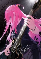 Rule 34 | 1girl, bass guitar, black shirt, blue eyes, bocchi the rock!, breasts, closed mouth, clothes writing, copyright name, cube hair ornament, english text, fingernails, gotoh hitori, guitar, hair between eyes, hair ornament, hand up, highres, holding, holding instrument, instrument, kuroduki (pieat), light, long fingernails, long hair, looking to the side, medium breasts, music, pink hair, playing instrument, purple skirt, shirt, short sleeves, skirt, solo, stage, stage lights, standing, sweat, t-shirt