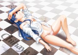 Rule 34 | 1girl, absurdres, barefoot, blue hair, brown eyes, cameltoe, checkered floor, clearite, dated, feet, flat chest, floor, hand on forehead, highres, idolmaster, idolmaster (classic), kisaragi chihaya, legs, long hair, lying, navel, off shoulder, on back, panties, parted lips, shirihime, signature, sleeves pushed up, solo, underwear