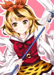 Rule 34 | 1girl, animal print, bishamonten&#039;s spear, black hair, black neckwear, black ribbon, blonde hair, closed mouth, cowboy shot, hair ornament, highres, holding, holding weapon, long sleeves, looking to the side, multicolored hair, o-ring, outline, pink background, ribbon, ruu (tksymkw), shawl, short hair, simple background, smile, solo, standing, tiger print, toramaru shou, touhou, two-tone hair, v-shaped eyebrows, weapon, white outline, wide sleeves