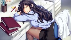 Rule 34 | 1girl, absurdres, amagi ryou, black hair, boku to joi no shinsatsu nisshi, breast press, breasts, chair, closed eyes, female focus, from above, game cg, highres, indoors, keyboard (computer), lab coat, large breasts, legs, legs together, long hair, monety, mouse (computer), original, pantyhose, paper, parted lips, pen, scissors, skirt, sleeping, solo, table, thighs