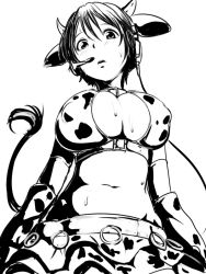 Rule 34 | 10s, 1girl, animal ears, animal print, blush, breasts, clearite, covered erect nipples, cow ears, cow girl, cow horns, cow print, greyscale, horns, huge breasts, idolmaster, idolmaster cinderella girls, looking at viewer, monochrome, oikawa shizuku, short hair, simple background, solo, tail, white background