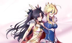 Rule 34 | 2girls, absurdres, artoria pendragon (fate), artoria pendragon (lancer) (fate), black hair, braid, breasts, cleavage, cleavage cutout, clothing cutout, commentary request, crown, earrings, fate/grand order, fate (series), frown, gauntlets, hair ribbon, hand on another&#039;s shoulder, highres, hoop earrings, ishtar (fate), jewelry, large breasts, long hair, multiple girls, navel, priestessshizuka, red eyes, ribbon, small breasts, smile, two side up, watermark, web address