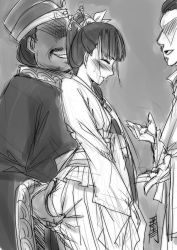 Rule 34 | 1girl, 2boys, antaria, ass, ass grab, blush, chinese clothes, greyscale, hair ornament, hanfu, hat, monochrome, multiple boys, original, sketch, standing