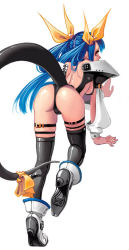 Rule 34 | 1girl, arc system works, ass, bare shoulders, bent over, blue hair, boots, bow, breasts, d-dog, dizzy (guilty gear), from behind, guilty gear, hair bow, high heels, kdog, legs, looking back, red eyes, shoes, solo, tail, thighhighs, underboob