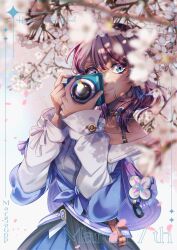 Rule 34 | 1girl, artist name, black choker, black corset, blue eyes, blue jacket, blue skirt, blurry, blurry foreground, camera, character name, cherry blossoms, choker, closed mouth, commentary, copyright name, corset, depth of field, diamond-shaped pupils, diamond (shape), earrings, falling petals, flower ornament, highres, holding, holding camera, honkai: star rail, honkai (series), jacket, jewelry, long sleeves, looking at viewer, march 7th (honkai: star rail), margogdp, medium hair, petals, pink eyes, pink hair, pleated skirt, shirt, skirt, smile, solo, symbol-shaped pupils, tied jacket, two-tone eyes, white shirt