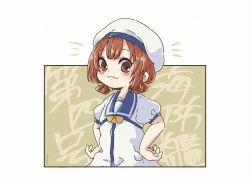 Rule 34 | 1girl, :3, blue sailor collar, bow, brown eyes, brown hair, cocax x, commentary request, cosplay, dress, hair rings, hands on own hips, hat, highres, kaiboukan no. 4 (kancolle), kantai collection, long hair, low twintails, sailor collar, sailor dress, sailor hat, solo, twintails, white dress, white hat, yellow bow