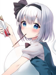 Rule 34 | 1girl, black hairband, black ribbon, blue eyes, blush, closed mouth, collared shirt, food, green vest, hair between eyes, hair ribbon, hairband, hand up, highres, hitodama, holding, konpaku youmu, konpaku youmu (ghost), looking at viewer, mouth hold, pocky, pocky day, puffy short sleeves, puffy sleeves, ribbon, shirt, short hair, short sleeves, silver hair, simple background, solo, suzuno naru, touhou, upper body, vest, white background, white shirt