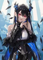 Rule 34 | 1girl, archinoer, asymmetrical horns, bare shoulders, black hair, blue hair, breasts, colored inner hair, crystal horns, fur trim, hair ornament, highres, hololive, hololive english, horns, large breasts, long hair, looking at viewer, mole, mole under eye, multicolored hair, nerissa ravencroft, nerissa ravencroft (1st costume), red eyes, smile, solo, uneven horns, virtual youtuber