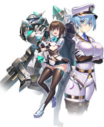 Rule 34 | 1boy, 2girls, ahoge, armor, arms under breasts, atashi wa seikan kokka no eiyuu kishi!, belt pouch, black footwear, black hair, black skirt, black thighhighs, blue eyes, blue hair, blue necktie, blue ribbon, boots, breasts, brown eyes, brown gloves, brown hair, character request, closed mouth, collared shirt, corset, crossed arms, gloves, gun, hair between eyes, hair ornament, hairclip, hat, holding, holding gun, holding weapon, large breasts, mecha, military uniform, miniskirt, multiple girls, necktie, official art, open mouth, pants, peaked cap, pouch, ribbon, robot, shirt, short hair, shoulder armor, skirt, takamine nadare, teeth, thigh boots, thighhighs, uniform, upper teeth only, weapon, white gloves, white headwear, white pants, white shirt, zettai ryouiki
