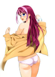 Rule 34 | 1girl, aged up, ass, back, blue eyes, blush, bracelet, breasts, from behind, highres, hiiragi yuzu, jewelry, long hair, long sleeves, looking at viewer, looking back, multicolored hair, no bra, no pants, open clothes, open mouth, open shirt, pajamas, panties, pink panties, puffy nipples, red hair, shirt, solo, standing, sweatdrop, ts422, two-tone hair, underwear, undressing, yu-gi-oh!, yu-gi-oh! arc-v