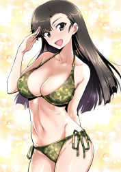 Rule 34 | 1girl, :d, arm behind back, bikini, breasts, brown eyes, brown hair, camouflage, camouflage bikini, collarbone, commentary request, girls und panzer, hand up, highres, large breasts, long hair, looking at viewer, nakahira guy, navel, nishi kinuyo, open mouth, salute, side-tie bikini bottom, smile, solo, swimsuit