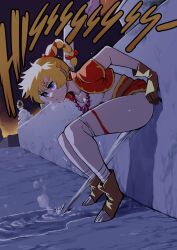 Rule 34 | 1girl, belt, biku, blonde hair, blue eyes, boots, bow, braid, breasts, breath, brown belt, brown footwear, brown gloves, chrono (series), chrono cross, cleavage, clothes lift, collarbone, facial mark, gloves, hair bow, highres, jewelry, kid (chrono cross), long hair, looking down, medium breasts, midriff, necklace, night, orange bow, panties, panty pull, peeing, puddle, red skirt, red vest, relief, shirt, short sleeves, skirt, skirt lift, sky, square enix, squatting, steam, sweat, trembling, underwear, vest, wall, white panties, white shirt
