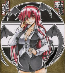 Rule 34 | 1girl, bat wings, breasts, cleavage, commentary request, demon tail, head wings, koakuma, large breasts, marker (medium), pencil skirt, red eyes, red hair, scan, shikishi, skirt, narrow waist, smile, solo, tail, touhou, traditional media, unbuttoned, unbuttoned shirt, vest, wings, yagami (mukage)