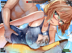 Rule 34 | 1boy, 1girl, ahoge, arm behind back, bad id, bad pixiv id, banana boat, belko, bent over, blonde hair, blue eyes, blurry, blurry background, blush, breasts, clothes pull, collarbone, commentary request, day, glasses, grabbing, hair between eyes, hat, heavy breathing, i-8 (kancolle), indoors, kantai collection, large breasts, long hair, looking at viewer, low twintails, muscular, one-piece swimsuit, one-piece swimsuit pull, open mouth, peaked cap, recording, red-framed eyewear, ribbon, school swimsuit, sidelocks, sweat, swimsuit, toned, torso grab, twintails, viewfinder, window