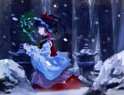 Rule 34 | 1girl, black hair, chamaruk, closed eyes, closed mouth, detached sleeves, from side, hakurei reimu, highres, japanese clothes, nontraditional miko, outdoors, perfect cherry blossom, profile, red skirt, short hair, skirt, snow, solo, stone lantern, touhou, white sleeves, wide sleeves