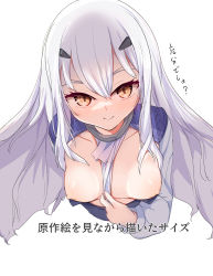 Rule 34 | 1girl, absurdres, breasts, breasts out, brown eyes, melusine (fate), melusine (second ascension) (fate), fate/grand order, fate (series), highres, kawa mura, long hair, long sleeves, nipples, sidelocks, small breasts, solo, translation request, white hair