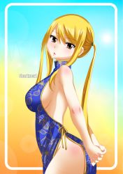 Rule 34 | blonde hair, blush, breasts, china dress, fairy tail, large breasts, lucy heartfilia, nail polish, sideboob