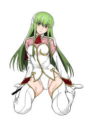 Rule 34 | 1girl, boots, breasts, c.c., code geass, detached sleeves, fukudahda, gloves, green hair, groin, high heels, leotard, leotard under clothes, long hair, long sleeves, medium breasts, simple background, sitting, solo, thigh boots, thighhighs, wariza, white background, white gloves, white leotard, yellow eyes