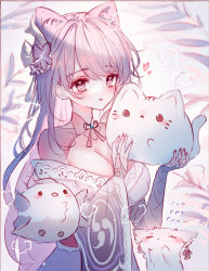 Rule 34 | 1girl, afterimage, animal, animal ear fluff, animal ears, bare shoulders, bird, breasts, bridal gauntlets, cat, cleavage, commentary request, dress, flower, flying, grey background, grey eyes, hair flower, hair ornament, hands up, highres, holding, holding animal, large breasts, long hair, long sleeves, looking at viewer, off shoulder, original, parted lips, pink hair, sketch, solo, tandohark, very long hair, white cat, white dress, wide sleeves