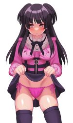 Rule 34 | 1girl, absurdres, bad id, bad pixiv id, black hair, black skirt, black thighhighs, blush, clothes lift, expressionless, full-face blush, gluteal fold, highres, holding, holding clothes, holding skirt, idolmaster, idolmaster shiny colors, l (xwsv2225), lifted by self, looking away, mayuzumi fuyuko, panties, pink panties, pink shirt, shirt, side-tie panties, simple background, skindentation, skirt, skirt lift, solo, thighhighs, two side up, underwear, white background