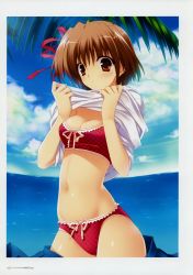 Rule 34 | 1girl, absurdres, belly, bikini, blue sky, blush, breasts, brown eyes, brown hair, cleavage, cloud, daiba minato, day, groin, hair ribbon, highres, looking at viewer, marriage royale, medium breasts, navel, pleated skirt, red bikini, ribbon, scan, shirt, skirt, sky, solo, suzuhira hiro, swimsuit, undressing