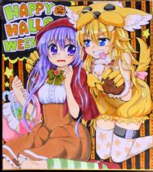 Rule 34 | 2girls, angel beats!, animal hands, ascot, big bad wolf, big bad wolf (cosplay), blonde hair, blue eyes, candy, cape, capelet, cosplay, dress, food, gloves, grimm&#039;s fairy tales, halloween, hood, irie miyuki, jack-o&#039;-lantern, little red riding hood, little red riding hood (grimm), little red riding hood (grimm) (cosplay), lollipop, long hair, multiple girls, nakamura hinato, patterned legwear, paw gloves, purple eyes, purple hair, red cape, red footwear, sekine shiori, shikishi, shoes, shorts, star (symbol), star print, thighhighs, traditional media, wolf head