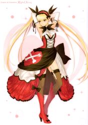 Rule 34 | 1girl, absurdres, armpits, black thighhighs, blonde hair, boots, corset, dagger, dress, frills, gloves, headdress, heart, high heel boots, high heels, highres, knee boots, knife, long hair, mistral nereis, official art, pointy ears, ribbon, shining (series), shoes, simple background, solo, thighhighs, tony taka, twintails, weapon, white background