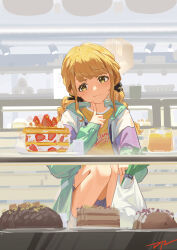 Rule 34 | 1girl, :3, absurdres, bag, bare legs, blonde hair, braid, cake, chinese commentary, commentary request, da tengzi, finger to cheek, food, fujita kotone, gakuen idolmaster, hair ribbon, highres, hood, hooded jacket, idolmaster, jacket, looking at object, multicolored clothes, multicolored jacket, plastic bag, ribbon, signature, solo, spring onion, squatting, strawberry cake, twin braids