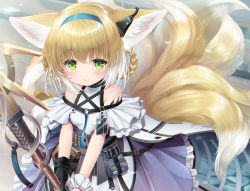 Rule 34 | 1girl, animal ear fluff, animal ears, arknights, bare shoulders, black gloves, blouse, blue hairband, closed mouth, commentary request, fox ears, fox girl, fox tail, frilled skirt, frills, gloves, green eyes, hair between eyes, hairband, holding, infection monitor (arknights), kei kei, kitsune, kyuubi, light brown hair, looking at viewer, material growth, multicolored hair, multiple tails, oripathy lesion (arknights), purple skirt, shirt, single glove, skirt, smile, solo, suzuran (arknights), tail, twitter username, two-tone hair, white hair, white shirt