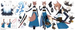 Rule 34 | 1girl, :d, ahoge, animal ears, bare shoulders, blush, breasts, brown eyes, brown hair, butterfly hair ornament, character sheet, closed mouth, commentary request, elbow gloves, fox ears, fox girl, fox tail, from behind, full body, fumi (nijisanji), gloves, hair ornament, highres, hirai yuzuki, holding, holding sword, holding weapon, japanese clothes, katana, long hair, long skirt, looking at viewer, multiple views, nijisanji, one eye closed, open mouth, character sheet, sheath, sheathed, skirt, smile, standing, sword, tail, thighs, virtual youtuber, weapon, weapon focus