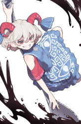 Rule 34 | 1girl, absurdres, blue dress, blue ribbon, cropped legs, curled horns, dress, garasuno, grey hair, grin, highres, holding, holding spoon, horn ornament, horn ribbon, horns, oversized object, pointy ears, red eyes, red horns, red sleeves, ribbon, sharp teeth, sheep horns, short hair, short sleeves, smile, solo, spoon, teeth, touhou, toutetsu yuuma