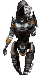Rule 34 | 1girl, artist name, ash (titanfall 2), black eyes, faceless, highres, holstered, hood, humanoid robot, knife, kotone a, robot, science fiction, solo, titanfall (series), titanfall 2, walking, white background
