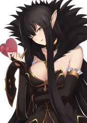 Rule 34 | 1girl, bare shoulders, black dress, black hair, breasts, bridal gauntlets, candy, chocolate, chocolate heart, cleavage, commentary, detached sleeves, dress, fate/apocrypha, fate/grand order, fate (series), food, frills, fur trim, hair between eyes, heart, highres, large breasts, long dress, long hair, one eye closed, parted lips, pointy ears, semiramis (fate), spikes, valentine, very long hair, yamikyon, yellow eyes