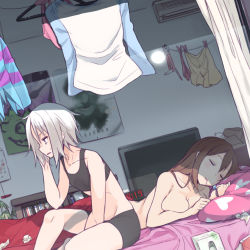 Rule 34 | 10s, 2girls, aftersex, alternate hairstyle, ass, bed, bike shorts, blue eyes, bookshelf, breasts, brown hair, clock, closed eyes, clothed female nude female, clothesline, creatures (company), digital clock, drooling, freckles, game freak, gym leader, hair bobbles, hair down, hair ornament, kawaisou, large breasts, long hair, lying, multiple girls, nintendo, nipple slip, nipples, nude, open mouth, panties, pillow, pokemon, pokemon bw2, poster (object), rosa (pokemon), roxie (pokemon), saliva, short hair, silver hair, sitting, sleeping, sports bra, tissue, tissue box, underwear, underwear only, unworn hair ornament, used tissue, yuri