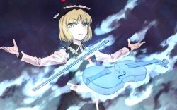 Rule 34 | 1girl, blonde hair, blue fire, bow (music), fire, hat, instrument, looking at viewer, lunasa prismriver, meimaru inuchiyo, outstretched arms, short hair, skirt, solo, touhou, vest, violin, yellow eyes